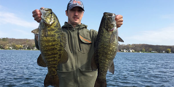 Wisconsin customer with two giant smallmouth bass he caught on Smallie Slayer Widow Maker tubes